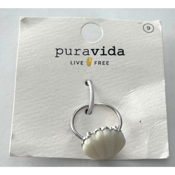 Pura Vida Grande Shell Ring Size 9 Silver Plated Brass Resin White Scallop Desig - Picture 1 of 3